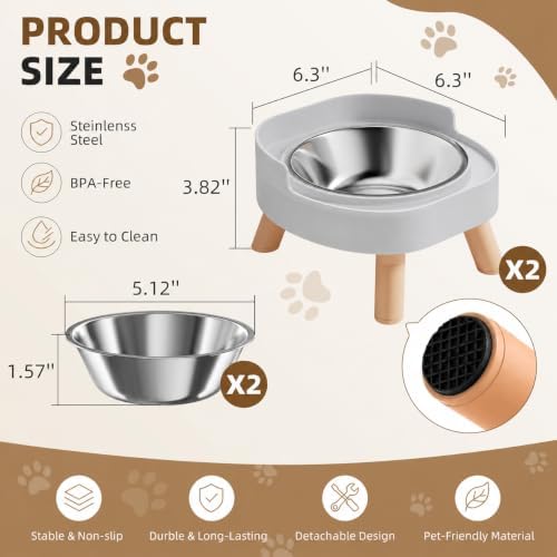 Elevated Cat Bowls, 2P Raised Cat Food and Water Bowl Set for Indoor Cats, Splash Proof with 2 Stainless Steel Pet Food Bowls for Cats ＆ Puppies, Whisker Friendly and Dishwasher Safe - Grey - Image 6