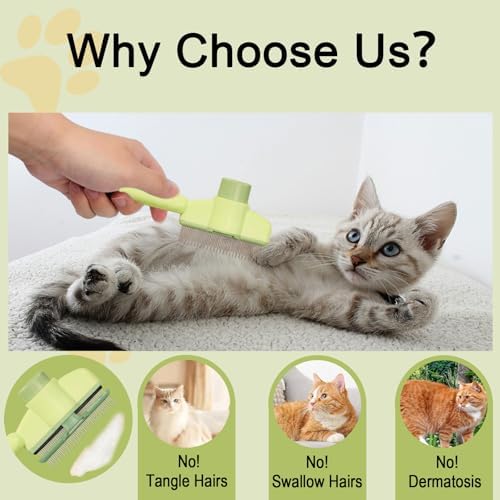Dogs and Cats Comb with Release Button, Pet Hair Removal Tools with Safe Stainless Steel Teeth for Deshedding, Cat Grooming Supplies for Long/Short Hair, Cat Brush for Shedding, Green - Image 5