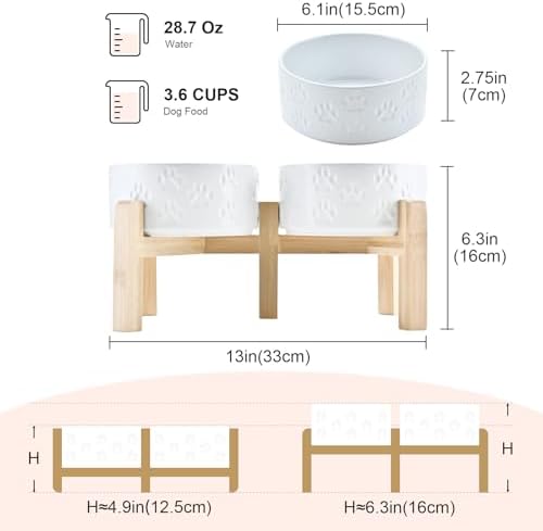 SPUNKYJUNKY Elevated Dog Bowls Ceramic, 6.1'' Dogs and Cat Food Water Bowls Raised with Non-Slip Bamboo Stand for Medium Sized Breed Microwave Dishwasher Safe - 28.7 OZ,Paw White - Image 2