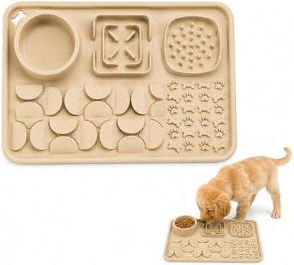 Silicone Dog Slow Feeder Lick Mat with Suction Cups, Multi-Puzzle Partition Pet Snuffle Feeding Tray for Puppy Cat Slow Eating Boredom Relief Training (Sand Beige) by Unknown