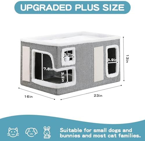 Large Cat Houses for Indoor Cats, Extra Wide Cat Cave Bed with Scratch Pad and Fluffy Ball, Foldable Cat Hideaway Condo for Large Cats, Modern Kitten Bed,23x16x13 inches (Grey, X-Large) - Image 4