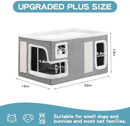 Large Cat Houses for Indoor Cats, Extra Wide Cat Cave Bed with Scratch Pad and Fluffy Ball, Foldable Cat Hideaway Condo for Large Cats, Modern Kitten Bed,23x16x13 inches (Grey, X-Large) - Image 4