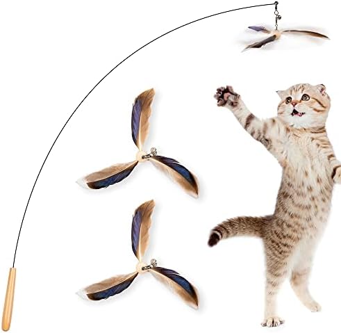 JXFUKAL Cat Wand Toys, Interactive Cat Toys with 3 Feather Refills, 29'' Flexible Steel Wire, Sturdy Wood Handle & Bell for Kitty Kitten, Cat Toys for Indoor Cats Teaser Cat String Toy by JXFUKAL