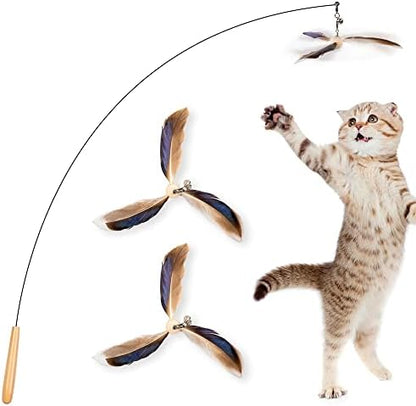 JXFUKAL Cat Wand Toys, Interactive Cat Toys with 3 Feather Refills, 29'' Flexible Steel Wire, Sturdy Wood Handle & Bell for Kitty Kitten, Cat Toys for Indoor Cats Teaser Cat String Toy by JXFUKAL