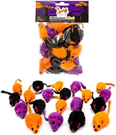 20 Halloween Colorful Furry Mice Cat Toys with Catnip and Rattle Sound Made of Real Rabbit Fur, Interactive Catch Play Teaser Mouse Toy for Cats and Kittens. Pack of 20 Mice by AXEL+PETS