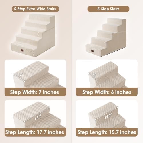 EHEYCIGA Dog Stairs for Bed 22.5" H, 5-Step Extra Wide Dog Steps, Beige - Image 2