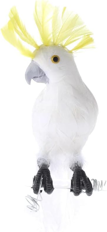 White Feathered Display Cockatoo Bird with Vibrant Yellow Head Feather Crest - Tikki Restaurant Prop, Pirate Costume or Baretta Fake Bird