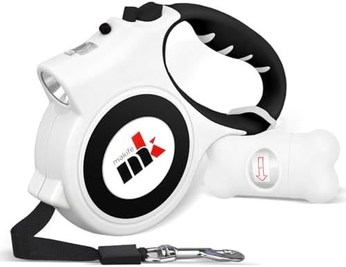 Retractable Dog Leash with LED Light Makife 5m Extendable Dog Lead for Small Medium Puppis up to 25kgs, One-Hand Brake & Lock System, Ergonomic Handle (White) by MakeABetterLife