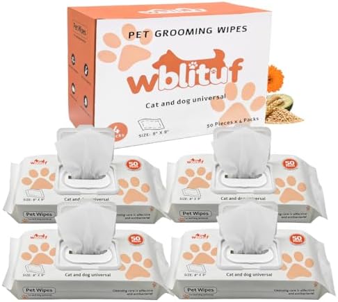 Pet Grooming Wipes, Jumbo Size 8" x 9", Lick-Safe, Alcohol-Free Deodorizing Wipes for Dogs & Cats with Sensitive Skin (Unscented, 200 Grooming Wipes) by WBLITUF