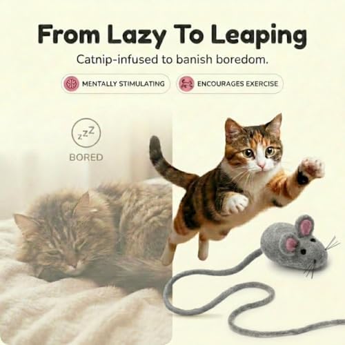 Glaciart One XXL Felt Mouse Cat Toy – 6” Body + 98” Tail – Large Cat Enrichment Toy – 100% Natural Wool with Catnip – Interactive Teaser for Big Cats – Safe Non-AZO Dyes - Image 4