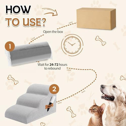 Romrol Dog Stairs Ramp for Beds Couches, Extra Wide Pet Steps with Durable Non-Slip Waterproof Fabric Cover, Dog Slope Stairs for Small Dogs and Cats or Pets Friendly, 3-Tiers, 13 Inch,Light Grey - Image 3