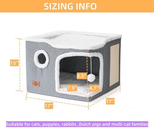 Cat Bed for Indoor Cats,Covered Cat Cave House & Furniture with Scratch Pad,Foldable Cat Hideaway Hut Cute Cat Condo with Soft Washable Mat for Multi Small Pet Under 30 lbs,Light Grey - Image 5
