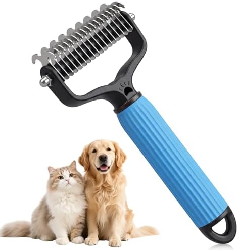 Double Sided Dematting Comb for Cats & Dogs, Undercoat Rake, Pet Grooming Brush for Long Hair, Deshedding Dog Brush Removes Tangles Knots and Loose Fur, Grooming Tool for Thick Coats(Blue) by Unknown