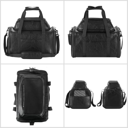 Premium Leather Top Expandable Pet Carrier for Small Dogs & Cats Under 15 lbs, Airline Approved Collapsible Soft-Sided Luxury Travel Bag Black - Image 3