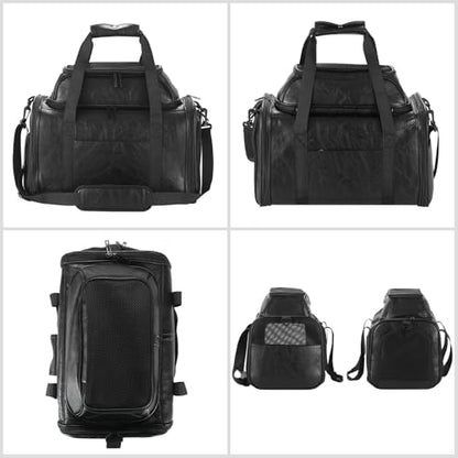 Premium Leather Top Expandable Pet Carrier for Small Dogs & Cats Under 15 lbs, Airline Approved Collapsible Soft-Sided Luxury Travel Bag Black - Image 3