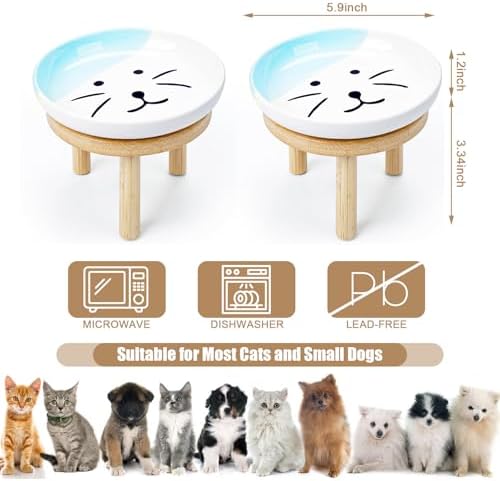 Shallow Elevated Cat Bowls with Bamboo Stand, 5.9 Inch Wide Ceramic Cat Dish Whisker Friendly, 2 Pack Pet Food and Water Plates - Image 2