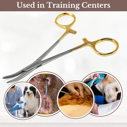 HTI Dog CAT PET Hair Puller Remover Stainless Steel Hemostat Locking Forceps 5.5" Curved Full Serrated (Gold Handle) - Image 5
