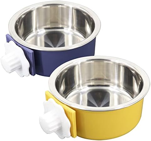 Dog Crate Bowl, Hanging Stainless Steel Removable Pet Crate Water & Food Bowls, Pet Cage Feeder Container Coop Cup for Cat Puppy Birds Rats Guinea Pigs Rabbit Hamster (2PCS) by QIYADIN