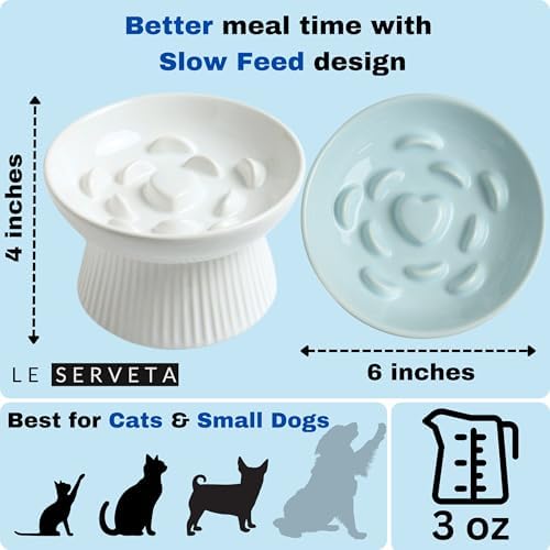 2 Pack Ceramic Slow Feeder Cat Bowl, Raised Puzzle Feeder, Anti-Vomiting, Elevated Food Bowl, Whisker Friendly (White, Blue) - Image 2