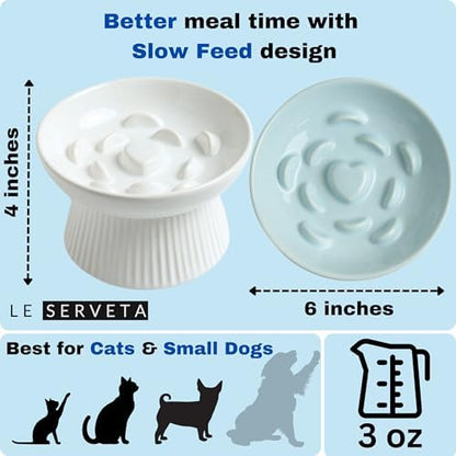 2 Pack Ceramic Slow Feeder Cat Bowl, Raised Puzzle Feeder, Anti-Vomiting, Elevated Food Bowl, Whisker Friendly (White, Blue) - Image 2