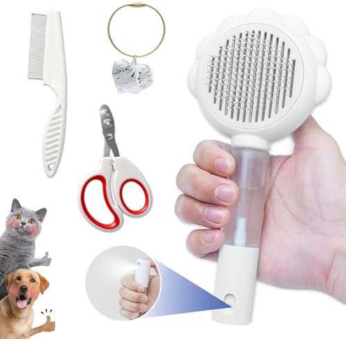 Cat Brushes For Indoor Cats, Cat Shedding Brush With Pet Flea Comb & Pet Nail Clippers, Slicker Brush For Dogs & Rabbit Grooming Kit, Spray Hair Removal Comb With Release Button & Visual Spray, White by Tzona