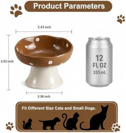 Brown Mushroom Cat Bowl, Elevated Ceramic Bowl for Cats - Image 2