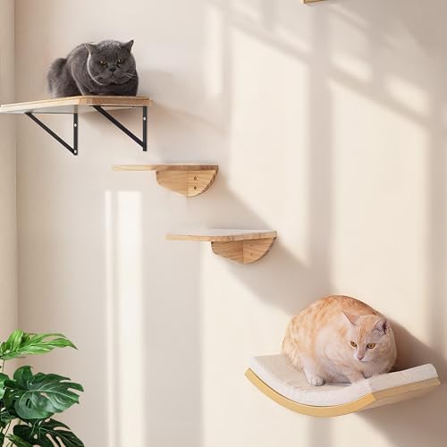 Cat Wall Shelves with Sisal Pads, 4-Piece Wooden Cats Furniture Set with Cat Window Perch, Flat Shelf & Sisal-Clad Steps for Climbing and Scratching by PELUOMOZ