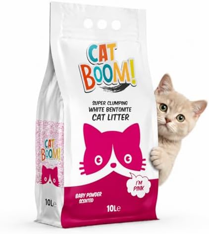 CatBoom Premium White Bentonite Clumping Clay Cat Litter Baby Powder| Super Absorbent Fine Granule Kitty Supplies | 99.5% Dust Free Multi-Cat Formula | Low Tracking Paw-Friendly 18.5 lb by MakroFood
