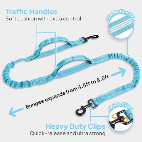 Hands Free Crossbody Dog Leash Bag with Built-in Poop Bag Dispenser & Storage, Dual Bungee Shock-Absorbing Leash with Dual Handles for Small, Medium, Large Dogs Walking or Training (Blue) - Image 4