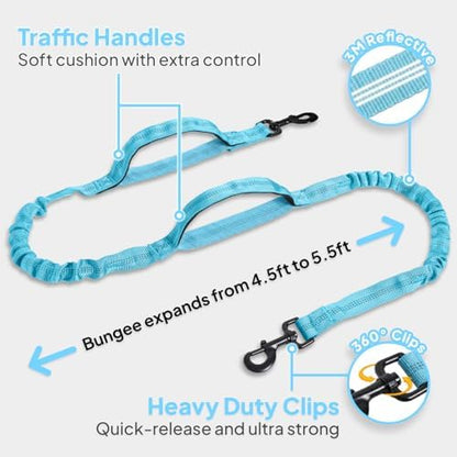 Hands Free Crossbody Dog Leash Bag with Built-in Poop Bag Dispenser & Storage, Dual Bungee Shock-Absorbing Leash with Dual Handles for Small, Medium, Large Dogs Walking or Training (Blue) - Image 4