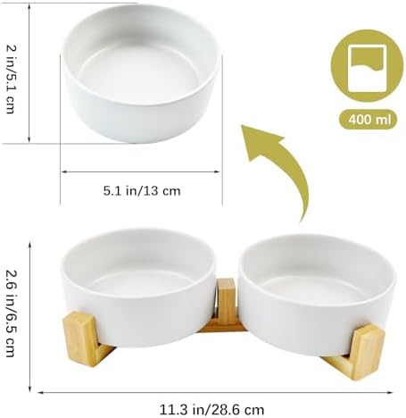 Ceramic Cat Bowls with Bamboo Stand,Non-Slip Small Dog Food and Water Bowl Set Non-Spill Cats Feeder Dish Modern Cute Weighted Cat Dishes for Small Dogs Puppy Cats Kitten(White) - Image 3