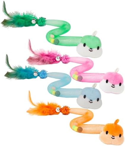 Cat Teaser Toys with Feathers and Bells, Flexible Tube 4-Pack by Lepawit