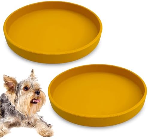 Silicone Dog Bowl Shallow Cat Food Bowls 7" Wide Puppy Plates Whisker Fatigue Pet Feeding Dishes Set of 2 for Dry Food and Wet Food Indoor (Round Yellow) by Apatal