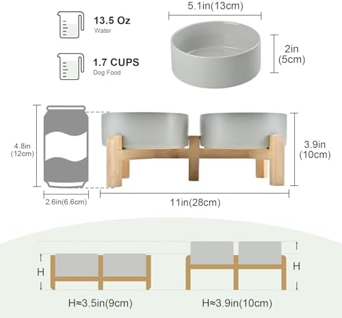 SPUNKYJUNKY Elevated Dog Bowls Ceramic, 5.1'' Dogs and Cat Food Water Bowls Raised with Non-Slip Bamboo Stand for Puppy Small Sized Breed Microwave Dishwasher Safe - 13.5 OZ,Grey - Image 2