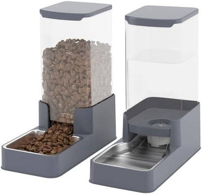 Stainless Steel Cat Feeder and Water Dispenser,Gravity Waterer & Food Feeder Set with Stainless Steel,Large Capacity Pet Food Bowl for Small Medium Dog Pets Puppy Kitten(Grey,1 Gallon) by Unknown