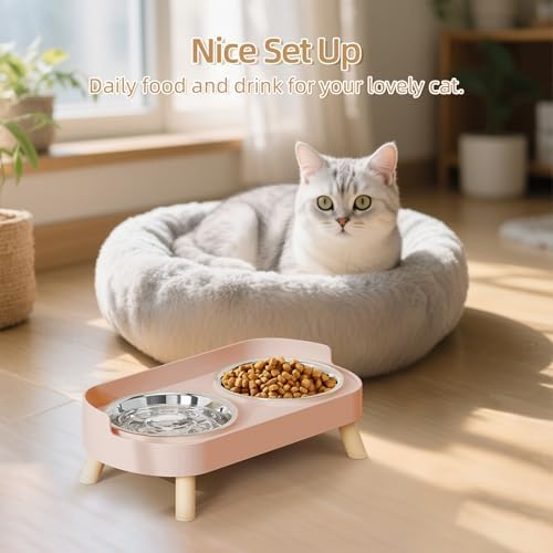 Elevated Cat Bowl, Raised Cat Food and Water Bowl Set for Indoor Cats, Splash Proof with 2 Stainless Steel Pet Food Bowls for Cats and Puppies, Whisker Fatigue and Dishwasher Safe - Pink - Image 7