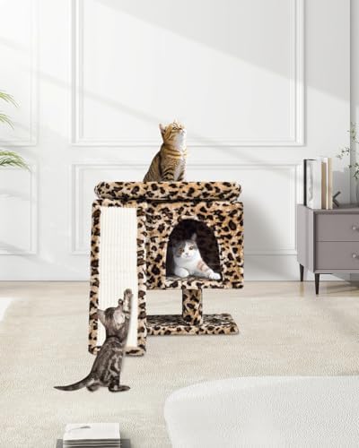 SYANDLVY Small Leopard Print Cat Tree with Perch for Indoor Cats, Cat Tower with Scratching Post, Modern Activity House for Large Cats, Condo with Board, Kittens Cave - Image 2