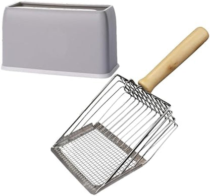 Cat Litter Scoop, Premium Kitty Shovel with Hook and Hole, Metal Sifter Scooper Stainless Steel for Easy Cleaning, Durable and Heavy Duty, Odor-Free for Litter Box (Scoop with Holder) by Dustnix