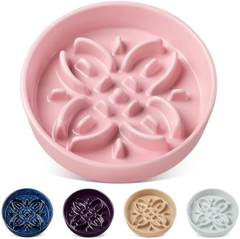 vancasso Ceramic Slow Feeder Dog Bowls, Puzzle Dog Food Bowls with Floral Maze, Anti -Slip Pet Food Dish for Medium Breed, 1.5 Cups, Pink by vancasso