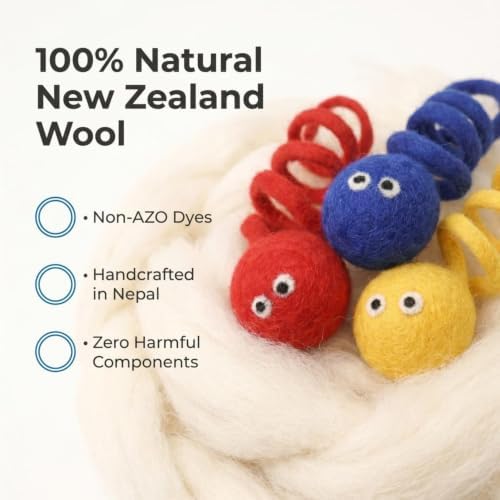 Glaciart One Felt Spring Cat Toy – 3 Pcs Soft Fuzzy Enrichment 100% Natural Wool - Interactive Stretchable Play Set - Safe for Pets, Non-AZO Colored Dyes - 4” Long - Image 4