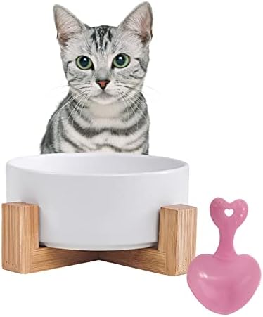 Ceramic Dog Cat Bowl with Wood Stand,Cat Food & Water Bowls Elevated Non-Spill Modern Cute Kitty Dishes Heavy Weighted Round Pet Dishes Set for Kitten Small Cat(White) by MUYG