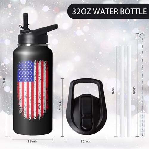 32oz American Flag Stainless Insulated Aater Water Bottle with Straw, American Flag Gym Hiking Sports Coffee Mug Cup Water Bottles,Patriotic Military Gifts For Veterans, Police - Image 2