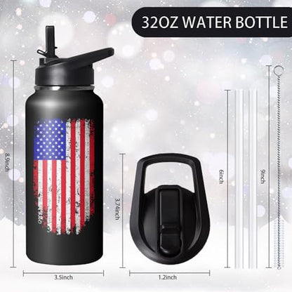 32oz American Flag Stainless Insulated Aater Water Bottle with Straw, American Flag Gym Hiking Sports Coffee Mug Cup Water Bottles,Patriotic Military Gifts For Veterans, Police - Image 2