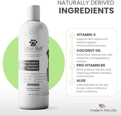 Lillian Ruff PRO Formula HypoCare+ Oatmeal Dog Shampoo | Clinically Tested Hypoallergenic Formula for Itch & Allergy Relief – Fragrance-Free with Aloe, Vitamin E & Pro-Vitamin B5 – Made in USA - Image 5