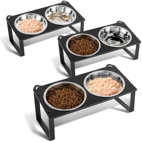 3 Set Elevated Cat Food Water Bowls, 6 Stainless Steel Bowls for Indoor Pet with Cute Metal Stand, 10° Tilted Anti-Vomiting Raised Wide Shallow Cat Dishes Whisker Friendly for Multiple Kitten,Puppy by Aomafamzoy