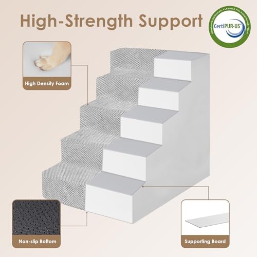 EHEYCIGA Dog Stairs for Bed 22.5"H, 5-Step Extra Wide Dog Steps, Light Grey - Image 4
