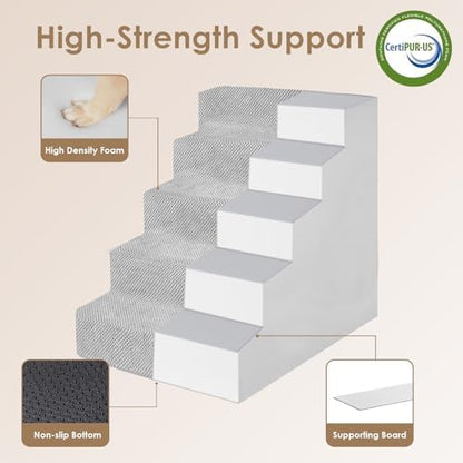 EHEYCIGA Dog Stairs for Bed 22.5"H, 5-Step Extra Wide Dog Steps, Light Grey - Image 4