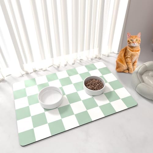 Pet Feeding Mat, 16"x 24" Absorbent Dog Food Mat, Checkered Cat Bowl Mats, Easy to Clean Pet Placemats, Quick Dry Dog Water Dispenser Mats for Messy Drinkers, Green & White by BLESWIN