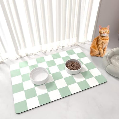 Pet Feeding Mat, 16"x 24" Absorbent Dog Food Mat, Checkered Cat Bowl Mats, Easy to Clean Pet Placemats, Quick Dry Dog Water Dispenser Mats for Messy Drinkers, Green & White by BLESWIN