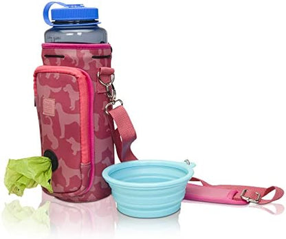 Made Easy Kit Water Bottle Carrier with Pocket for Dog Poop Waste Bags and Adjustable Padded Shoulder Strap (Tall & Large (40oz) with Bowl, Pink, Dog Silhouettes) by MadeEasyKit